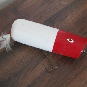 Large 9" Vintage Solid Wood Plug Fishing Lure Red And White